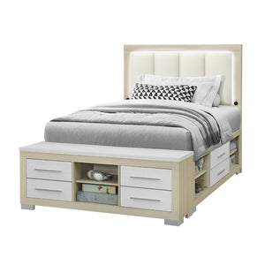 English Elm Elsa Queen Storage Bed with Led Headboard Bookcase Rails and Built-in Drawers B201S00503