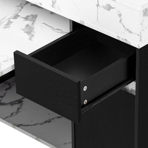 English Elm Trexm Rolling Kitchen Island Extendable Marble Top Cabinet Drawers Power Outlet Black,White Marble XW000029AAB