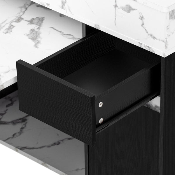 English Elm Trexm Rolling Kitchen Island Extendable Marble Top Cabinet Drawers Power Outlet Black,White Marble XW000029AAB