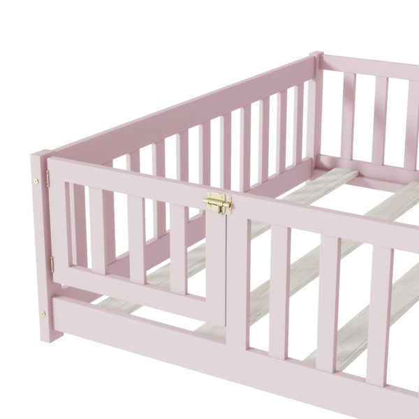 English Elm Twin Solid Rubberwood Floor Bed with Full Perimeter Safety Rails for Toddler Rooms Pink W504P296791