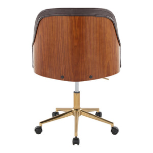 English Elm Office Chair with Walnut Frame Gold Base and Brown Faux Leather Mid-century Swivel B202P474167