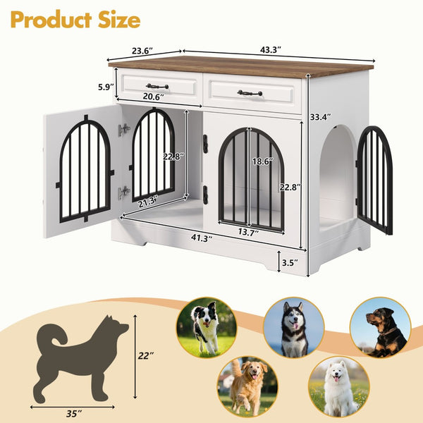 English Elm 43.3" Farmhouse Mdf Dog Crate Console with Drawers and Rotating Bowls for Large Breeds N704P414598A