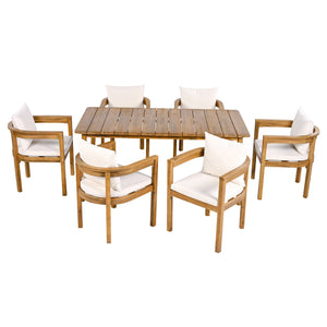 English Elm Christopher Knight Home® - Abaco Teak+ Beige 7PC Acacia Wood Patio Dining Set with 6 Cushioned Chairs & Slatted Curved Table ABACO7PCDSETT