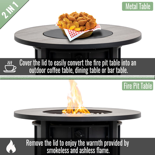 English Elm 30" 30inch Propane Fire Pit Table 50,000 BTU Steel Frame Wood Grain Ceramic Top Outdoor Patio W853P301524