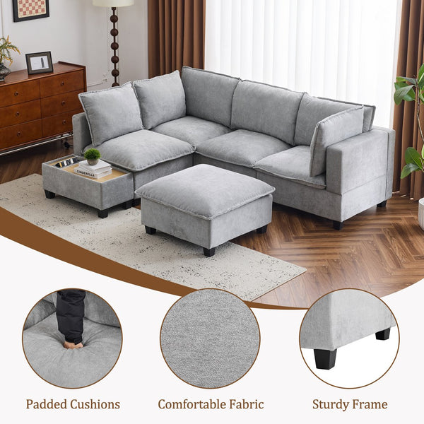 English Elm 90" U-shaped Sectional Sofa Modular Couch with Movable Ottoman, Hidden Charging Coffee Table, Durable Comfort Grey N719S001780E