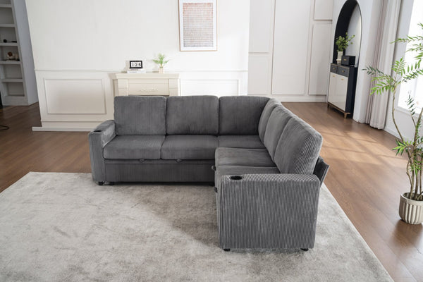English Elm Sectional Corduroy Sleeper Sofa with Storage and Charging Ports for Small Spaces Grey W1361S00077