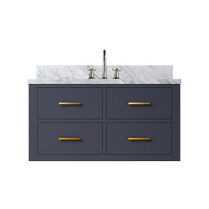 English Elm Blue Single Bath Vanity With Carrara Marble Top And Polished Chrome Faucet Set - Elegant Design! B2731P257968