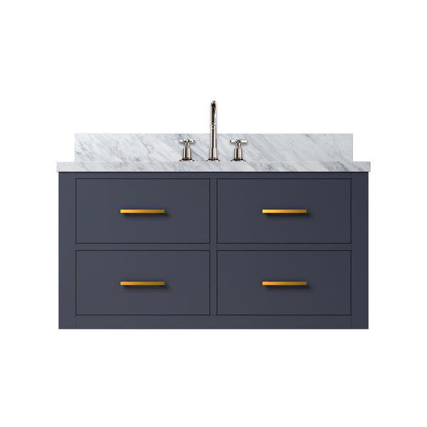 English Elm Blue Single Bath Vanity With Carrara Marble Top And Polished Chrome Faucet Set - Elegant Design! B2731P257968