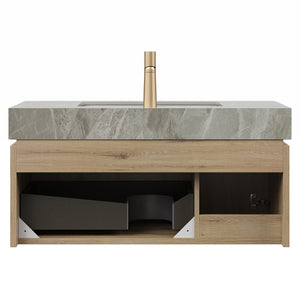 English Elm MURI Modern Wall-Mounted Vanity with Sintered Stone Top and Ceramic Basin, Plywood Cabinet, 39" Light Gray,White Oak W2615S00338