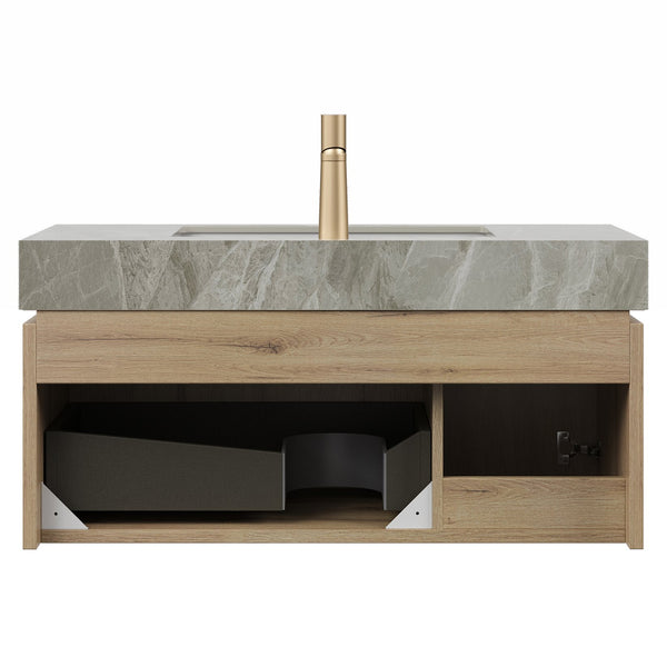 English Elm MURI Modern Wall-Mounted Vanity with Sintered Stone Top and Ceramic Basin, Plywood Cabinet, 39" Light Gray,White Oak W2615S00338