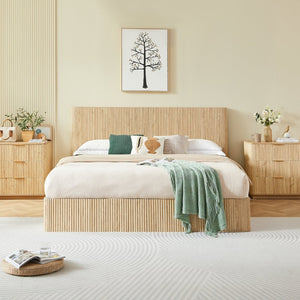 English Elm King Platform Storage Bed Walnut Hydraulic Lift Corrugated Wood Headboard Frame W1820S00029