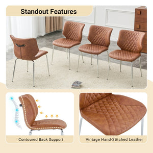 English Elm Dark Oil Waxed Faux Leather Dining Chair Set with Diamond Tufted High Back Metal Legs Brown W3493P444745