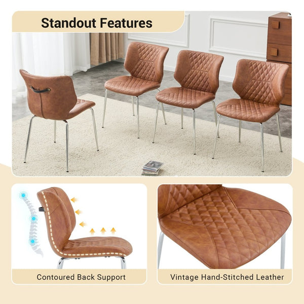 English Elm Dark Oil Waxed Faux Leather Dining Chair Set with Diamond Tufted High Back Metal Legs Brown W3493P444745