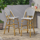 Christopher Knight Home® Noble House 29.5" Outdoor Pe Rattan French Barstool, White And Black, Aluminum Frame With Bamboo Finish (Set Of 2)