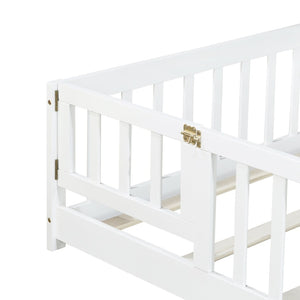 English Elm Twin Low Profile Rubberwood Floor Bed with Full Safety Fence for Toddler Rooms White W504P429270