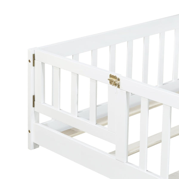 English Elm Twin Low Profile Rubberwood Floor Bed with Full Safety Fence for Toddler Rooms White W504P429270