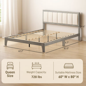 English Elm Nordic Queen Platform Bed Linen Upholstered Headboard Wooden Slats Scandinavian Frame T3971P433483