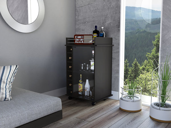 English Elm Dukat Rolling Bar Cart with Wine Storage Glass Cabinet and Espresso Wood Finish B20091846
