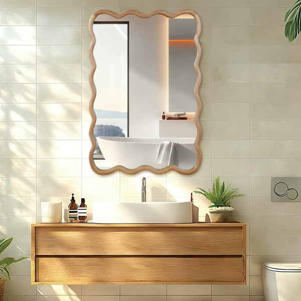 English Elm Natural Wood Wavy Rectangle 24"x36" Solid Wood Frame Mirror – Rustic Boho Wall Mirror for Home W2203P388997