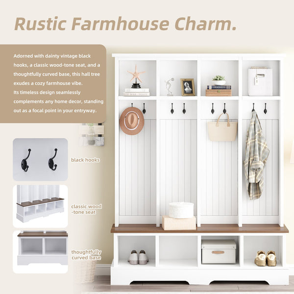 English Elm ON-TREND Farmhouse 59" Wide Hall Tree with 8 Hooks, Rustic Bench & Open Compartments for Organized Entryway White N721P292601K