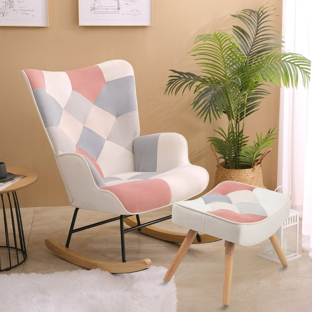 English Elm Rocking Chair With Ottoman - Mid-Century Patchwork Linen, Cozy Wood Legs For Living Room, Bedroom Use W561P175989-GIGA