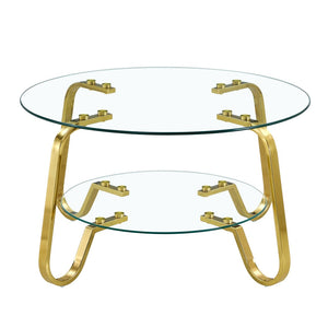 English Elm Retro Industrial Square Coffee Table Dual Tier Tempered Glass and Powder Coated Metal Frame Gold W3875P373155