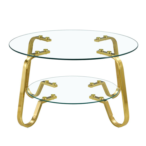 English Elm Retro Industrial Square Coffee Table Dual Tier Tempered Glass and Powder Coated Metal Frame Gold W3875P373155