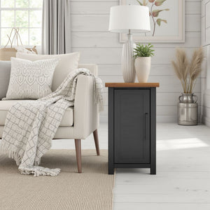 English Elm 14 inch Chairside Table Black & Whiskey Two-Tone Farmhouse Accent with Door Storage, Preassembled B108P160150