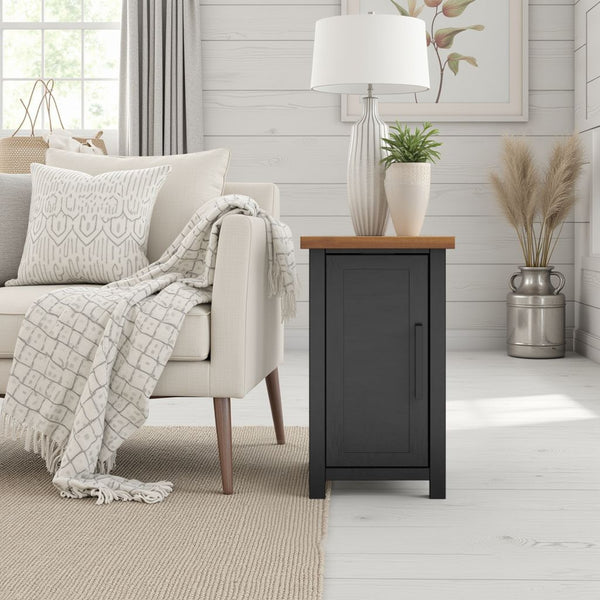 English Elm 14 inch Chairside Table Black & Whiskey Two-Tone Farmhouse Accent with Door Storage, Preassembled B108P160150