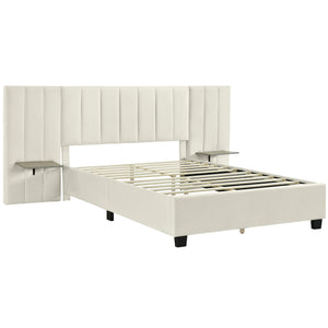 English Elm Queen Upholstered Platform Bed with Oversized Velvet Headboard, Built-In Shelves, Modern Comfort and Support for Relaxation Beige SF000138AAA