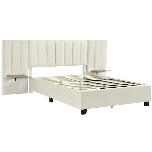 English Elm Queen Upholstered Platform Bed with Oversized Velvet Headboard, Built-In Shelves, Modern Comfort and Support for Relaxation Beige SF000138AAA