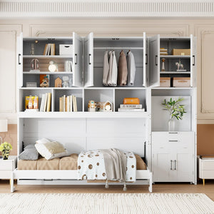 English Elm Twin Murphy Wall Bed with Integrated Closet Drawers and Desk for Studio Spaces White LP000595AAK-2