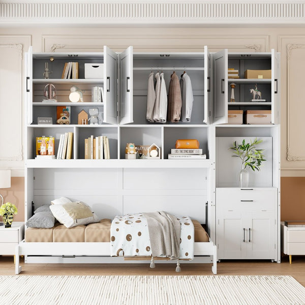 English Elm Twin Murphy Wall Bed with Integrated Closet Drawers and Desk for Studio Spaces White LP000595AAK-2