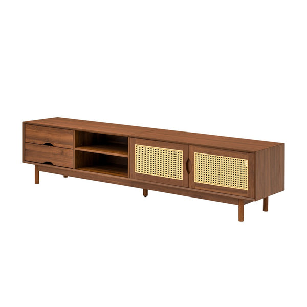 English Elm 78 Inch Rattan Media Console with Rubberwood Legs Walnut Finish Living Room Storage N710P407810P