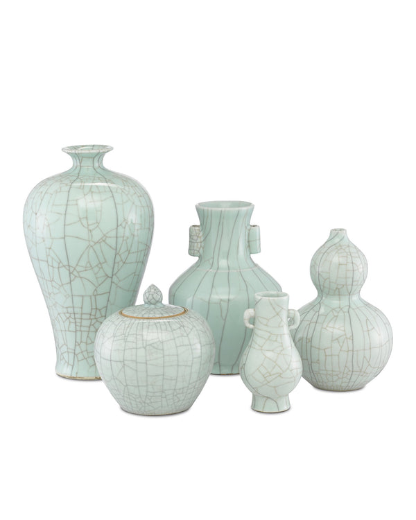 Currey & Company Maiping Hand-Thrown Porcelain Gourd Vase with Celadon Crackle Glaze and Ink Detailing 1200-0334
