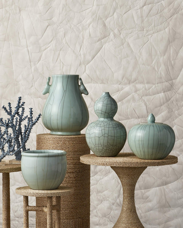 Currey & Company Maiping Hand-Thrown Porcelain Gourd Vase with Celadon Crackle Glaze and Ink Detailing 1200-0334