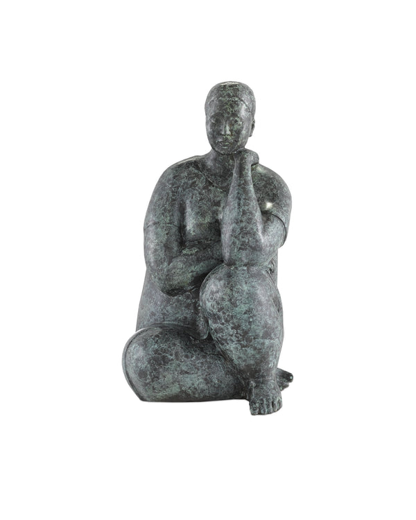 Currey & Company Lady Meditating Cast Bronze Sculpture with Green Patina for Shelf or Console 1200-0364