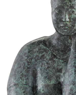 Currey & Company Lady Meditating Cast Bronze Sculpture with Green Patina for Shelf or Console 1200-0364