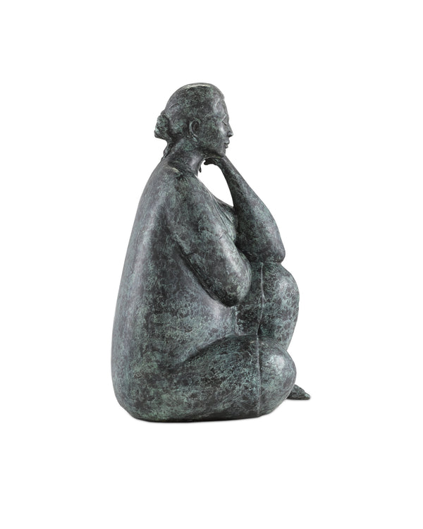 Currey & Company Lady Meditating Cast Bronze Sculpture with Green Patina for Shelf or Console 1200-0364