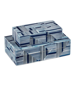 Currey & Company Cade Geometric Nesting Boxes Set of Two Handcrafted Wood with Bold Blue Pattern 1200-0512