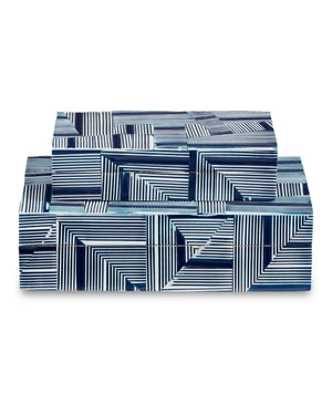 Currey & Company Cade Geometric Nesting Boxes Set of Two Handcrafted Wood with Bold Blue Pattern 1200-0512