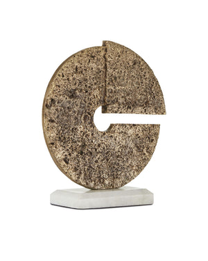 Currey & Company Daman Aged Brass Disc Sculpture Handcrafted Pitted Surface on Beveled Marble Base 1200-0515