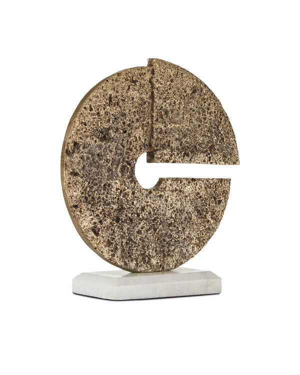 Currey & Company Daman Aged Brass Disc Sculpture Handcrafted Pitted Surface on Beveled Marble Base 1200-0515