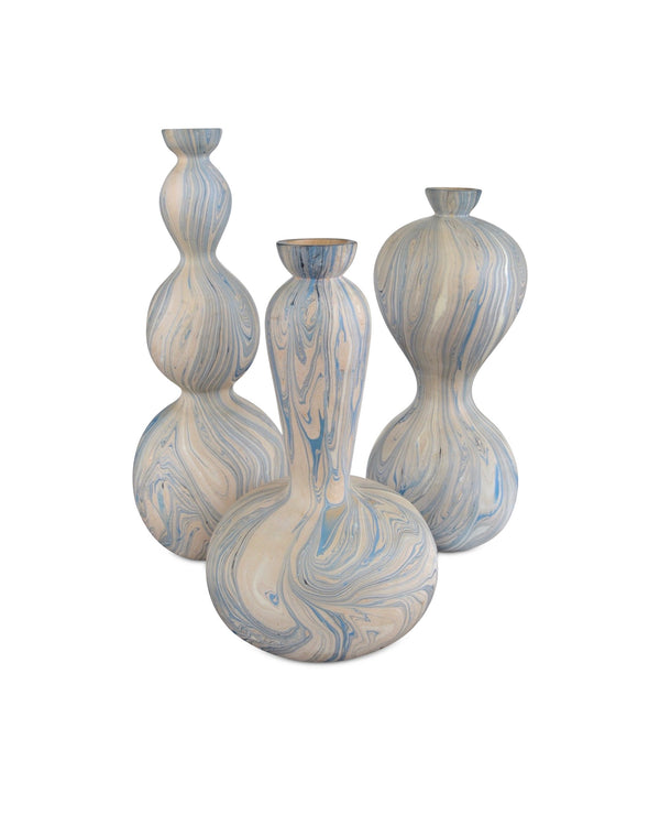 Currey & Company Calm Sea Hand-Painted Wood Vase Trio Marbleized Blue Coastal Shelf Decor 1200-0740