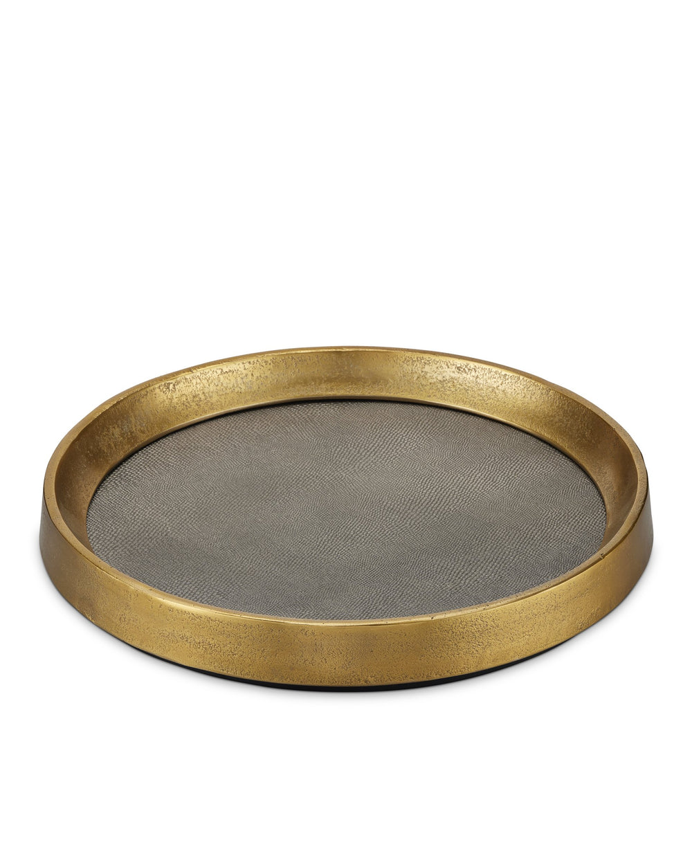 Currey & Company Tanay Antique Brass Cast Aluminum Round Tray with Graphite Snakeskin Interior 1200-0805