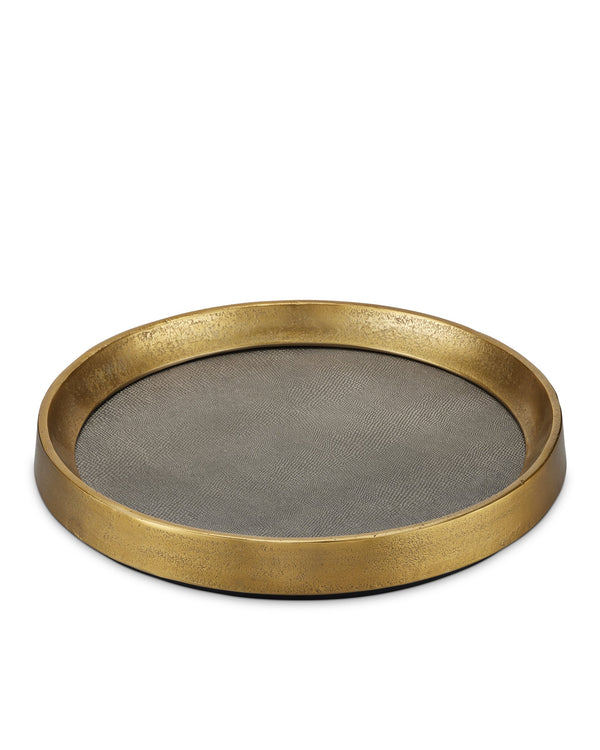Currey & Company Tanay Antique Brass Cast Aluminum Round Tray with Graphite Snakeskin Interior 1200-0805