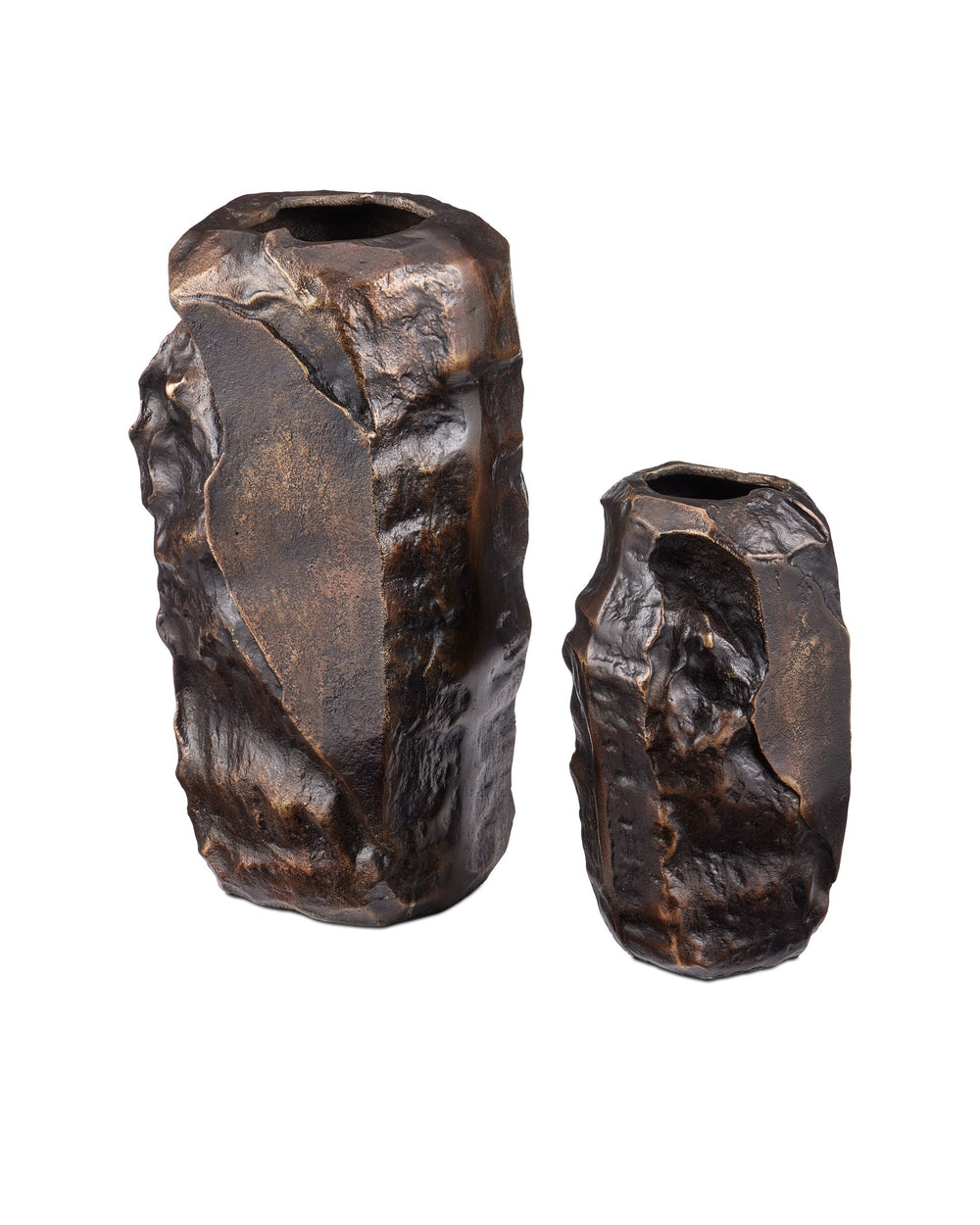 Currey & Company Carmelo Cast Aluminum Vase Set Brutalist Scorched Bronze Sculptural Decor Pair 1200-0944