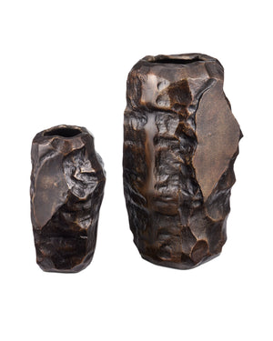 Currey & Company Carmelo Cast Aluminum Vase Set Brutalist Scorched Bronze Sculptural Decor Pair 1200-0944