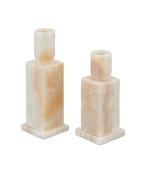 Currey & Company Lithos Cream Onyx Geometric Candle Holder Pair Handcrafted Stone Tablescape Accent 1200-0951