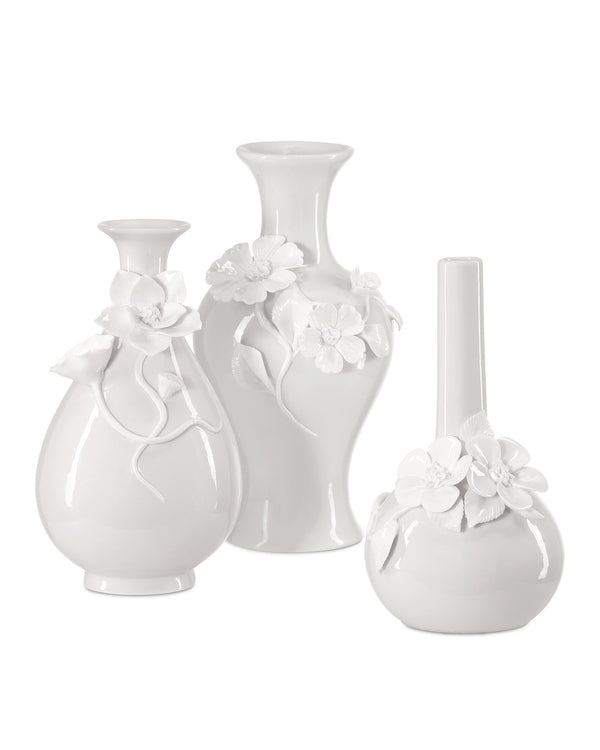 Currey & Company Ave Maria Hand-Thrown White Porcelain Vase Set Sculptural Floral Artisan Trio 1200-0982